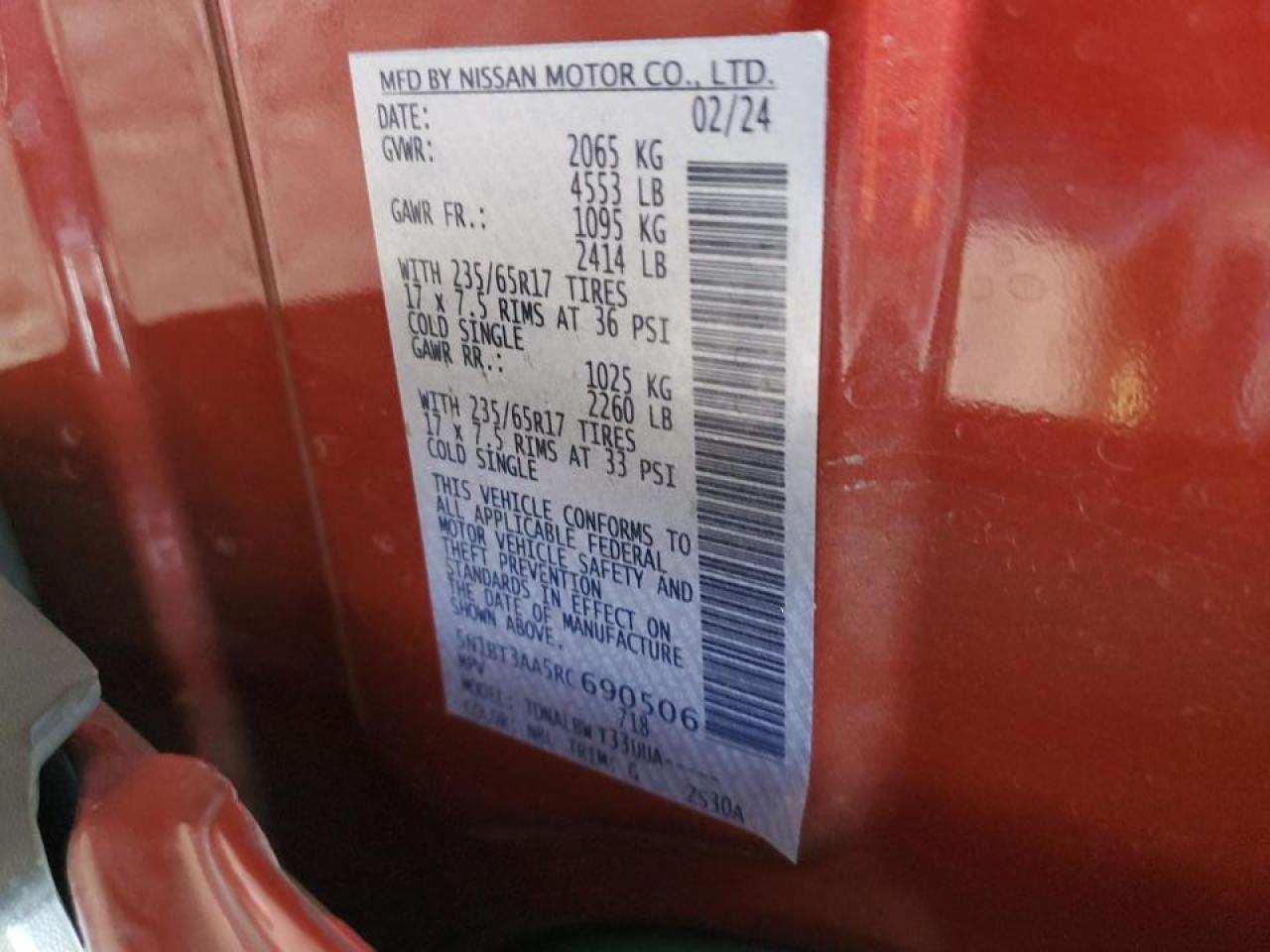 2024 NISSAN ROGUE S VIN:5N1BT3AA5RC690506
