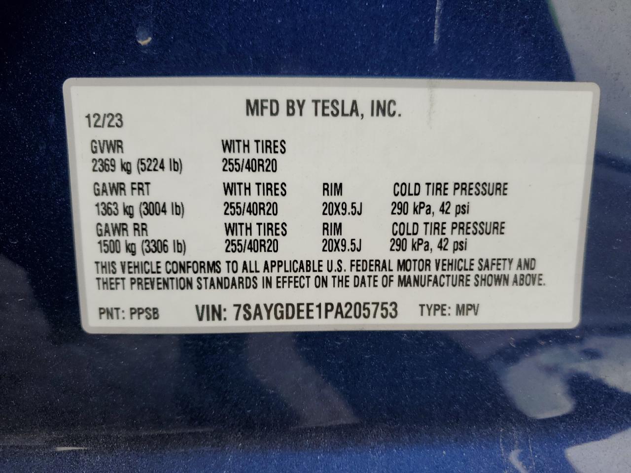 2023 TESLA MODEL Y  VIN:7SAYGDEE1PA205753