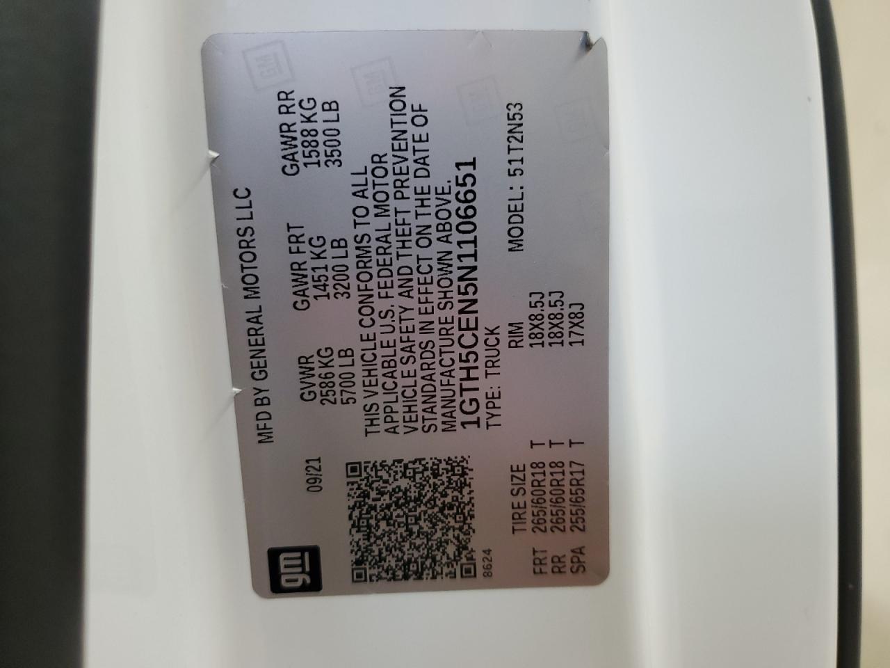 2022 GMC CANYON ELEVATION VIN:1GTH5CEN5N1106651