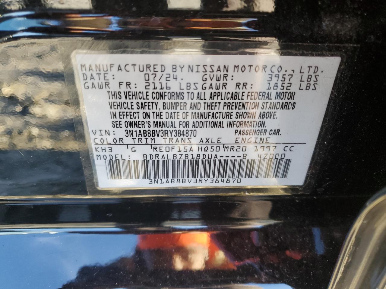 2024 NISSAN SENTRA S VIN:3N1AB8BV3RY384870
