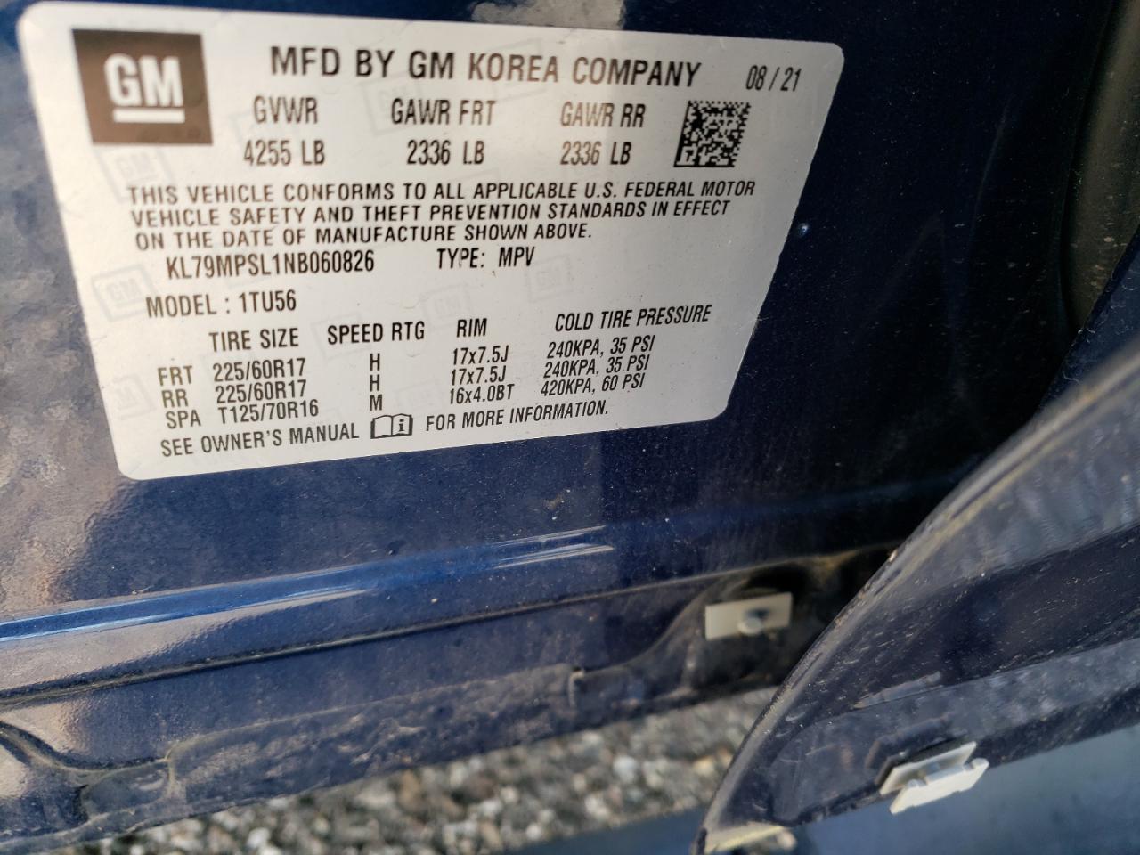 2022 CHEVROLET TRAILBLAZER LT VIN:KL79MPSL1NB060826