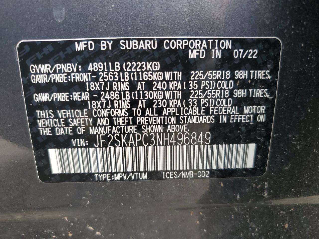 2022 SUBARU FORESTER LIMITED VIN:JF2SKAPC3NH496849