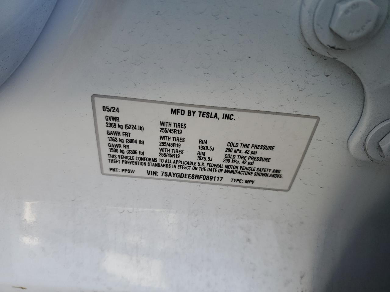 2024 TESLA MODEL Y  VIN:7SAYGDEE8RF089117