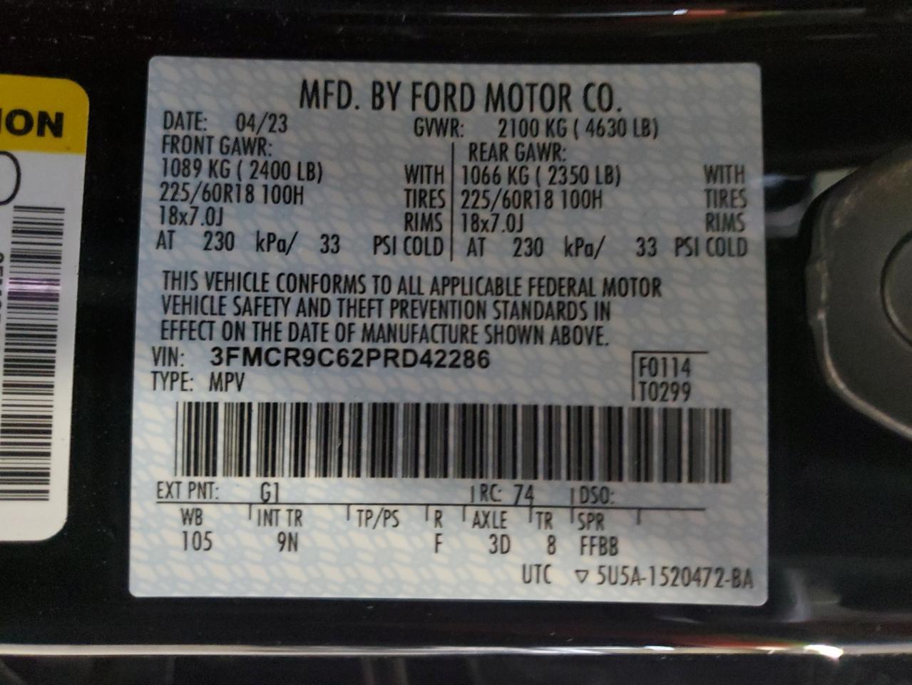 2023 FORD BRONCO SPORT OUTER BANKS VIN:3FMCR9C62PRD42286