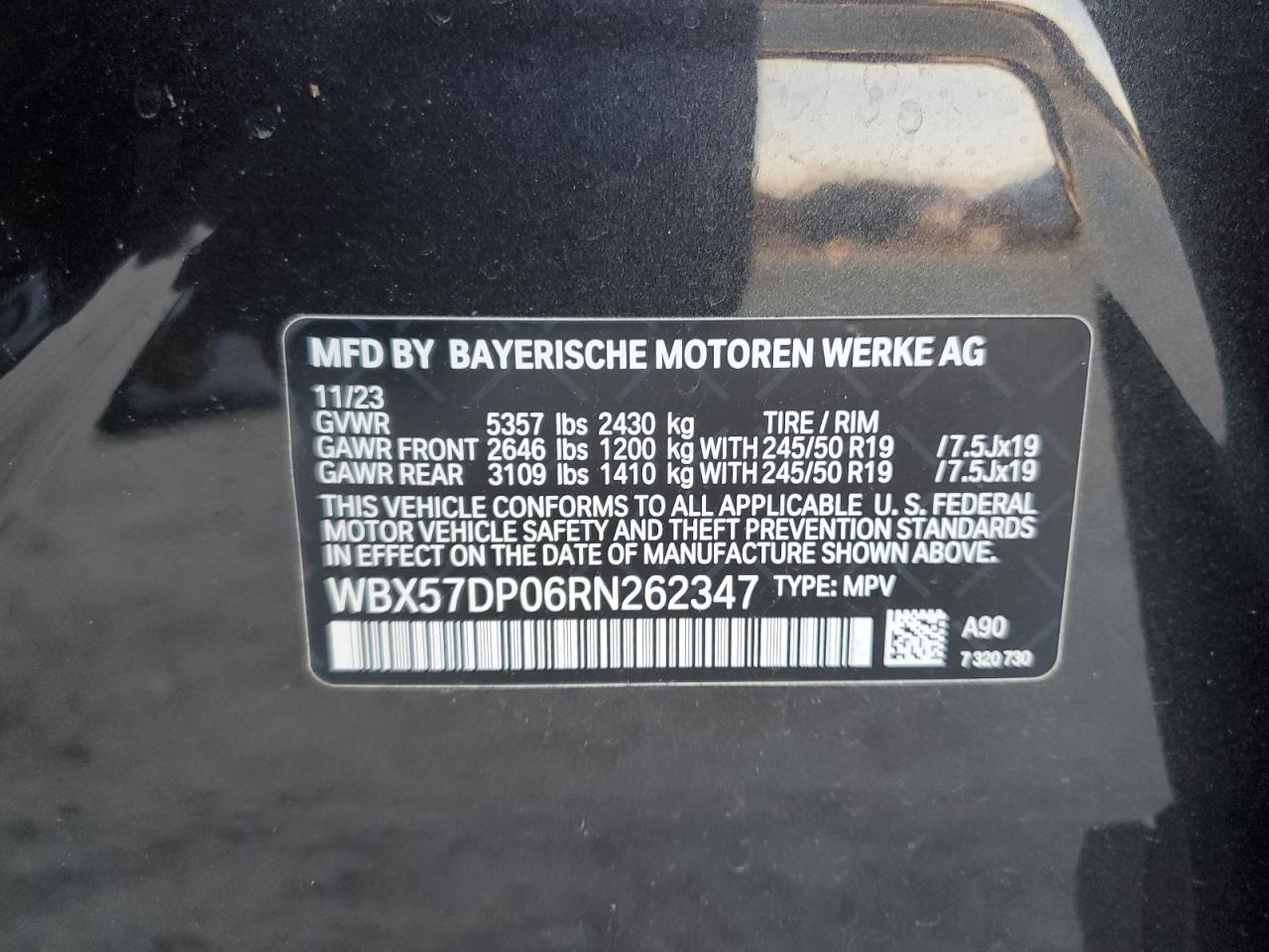 2024 BMW X3 XDRIVE30I VIN:WBX57DP06RN262347