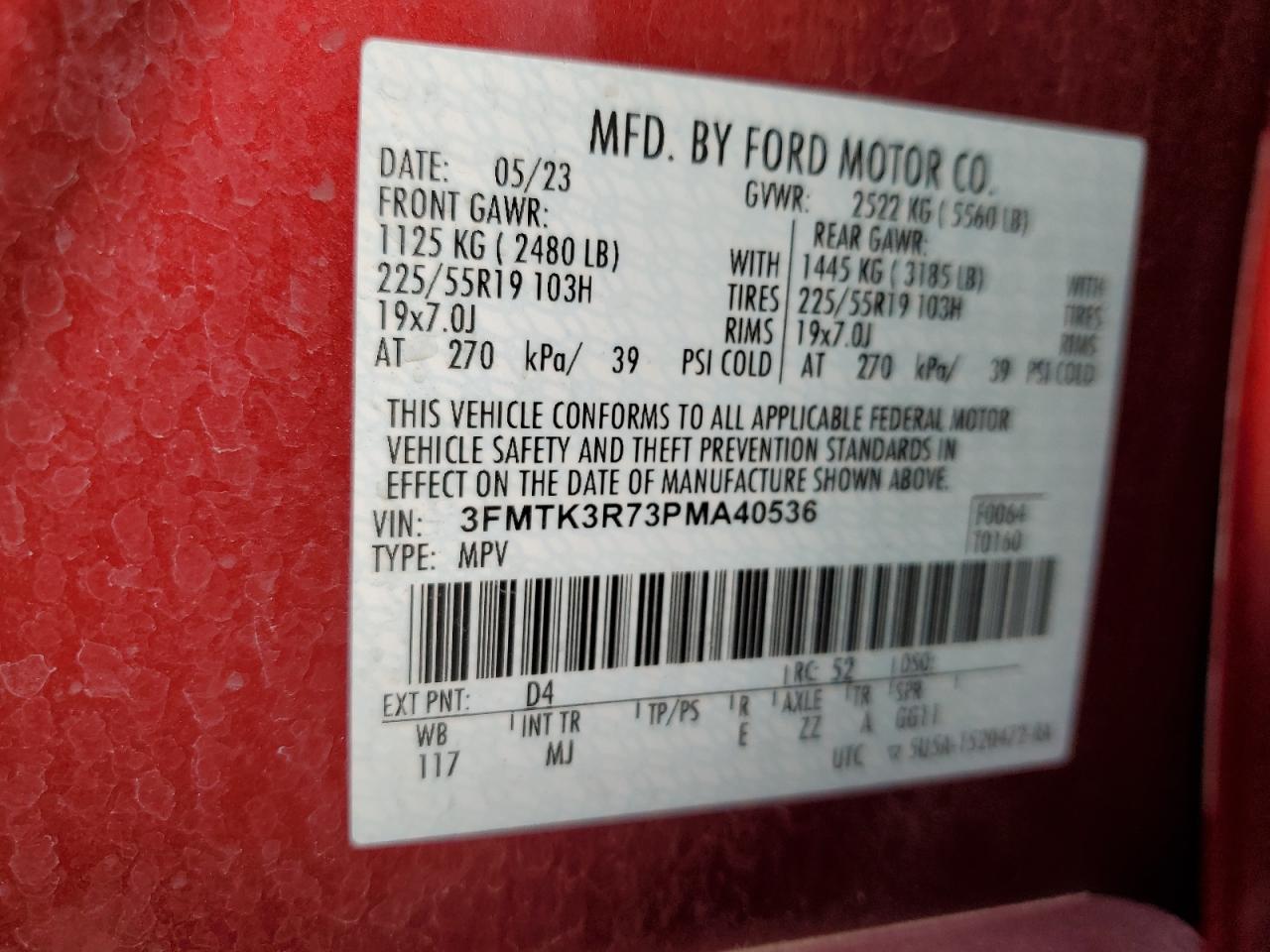2023 FORD MUSTANG MACH-E PREMIUM VIN:3FMTK3R73PMA40536
