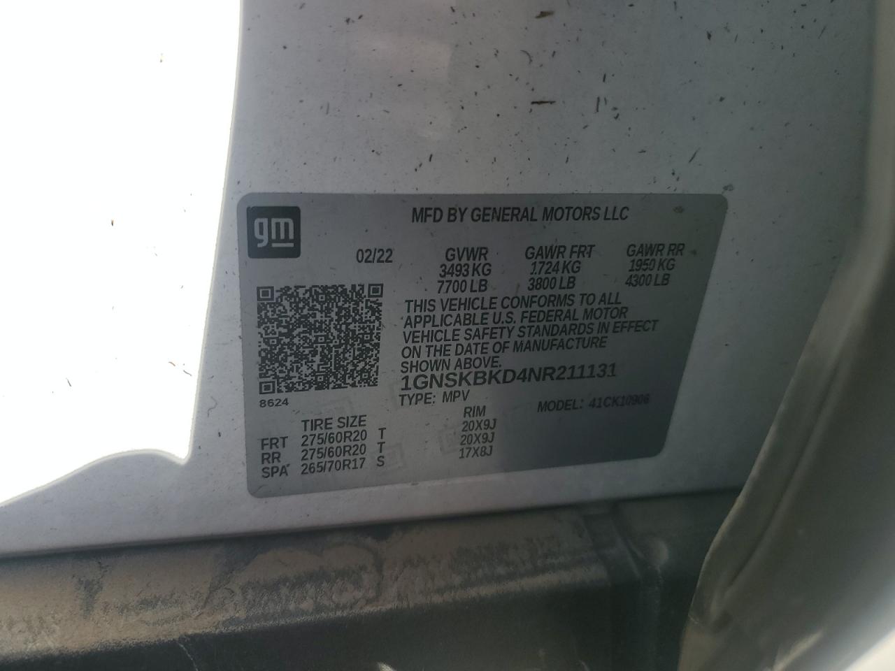 2022 CHEVROLET SUBURBAN K1500 LS VIN:1GNSKBKD4NR211131