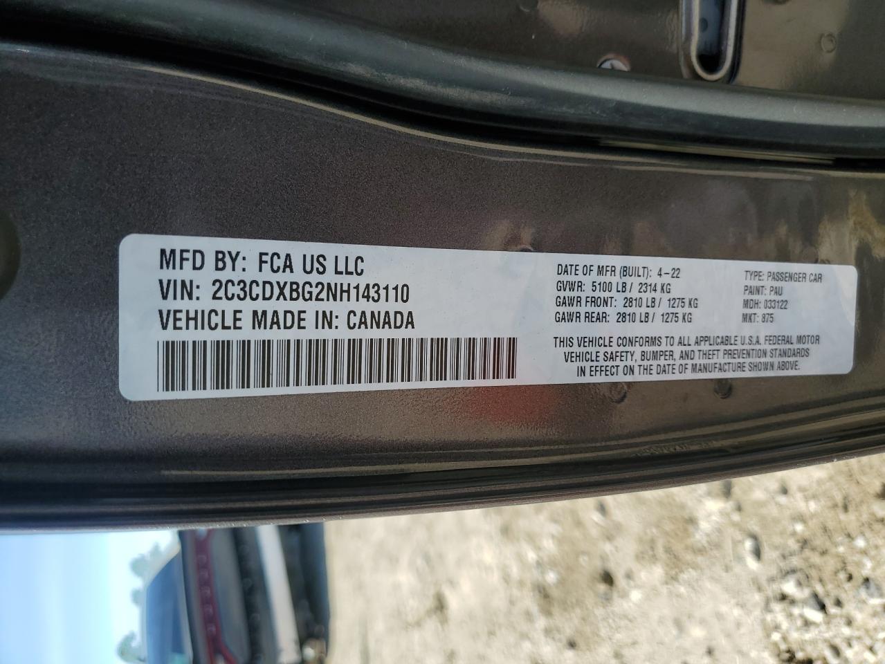 2022 DODGE CHARGER SXT VIN:2C3CDXBG2NH143110