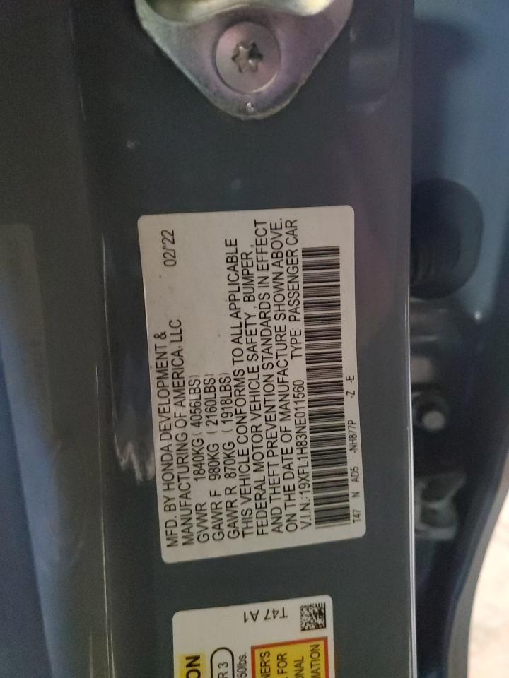 2022 HONDA CIVIC SPORT TOURING VIN:19XFL1H83NE011560