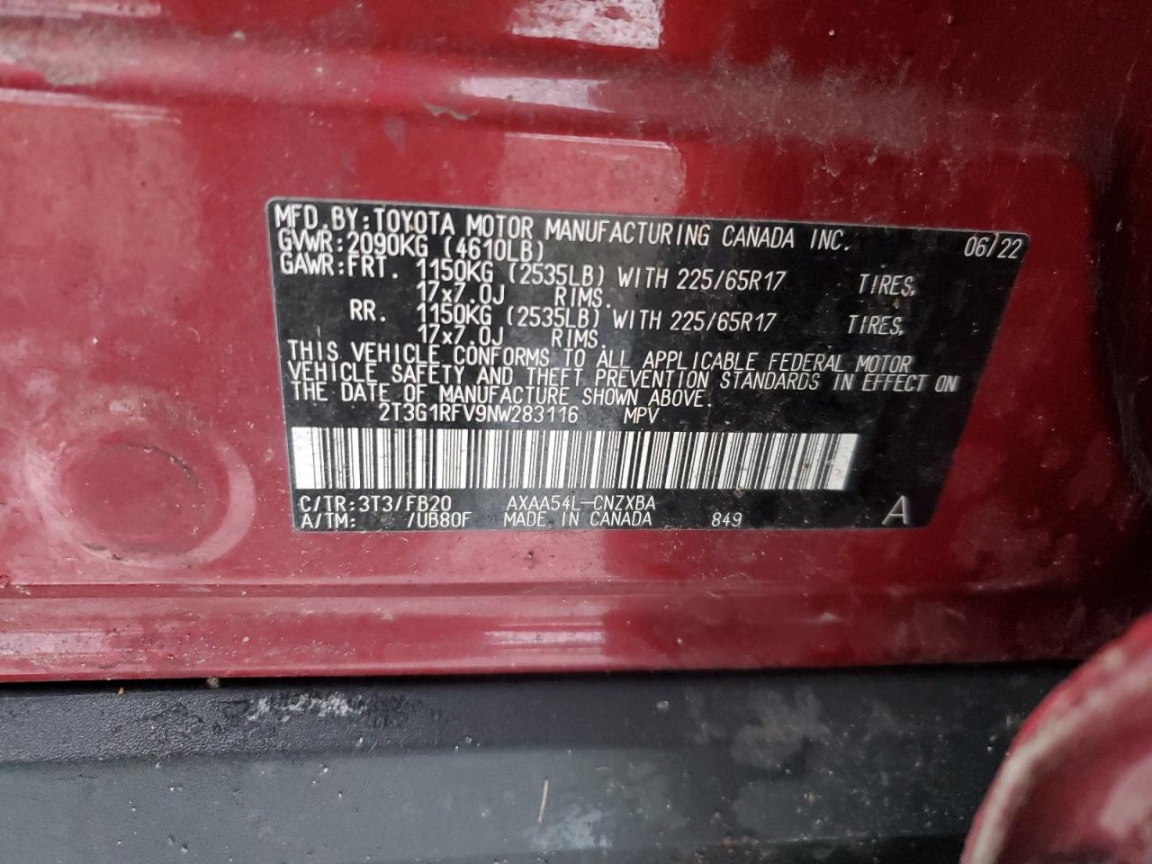 2022 TOYOTA RAV4 LE VIN:2T3G1RFV9NW283116