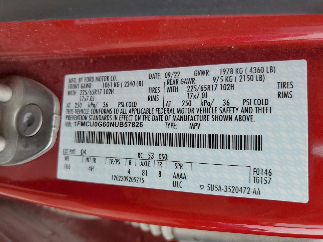 2022 FORD ESCAPE SE VIN:1FMCU0G60NUB57826