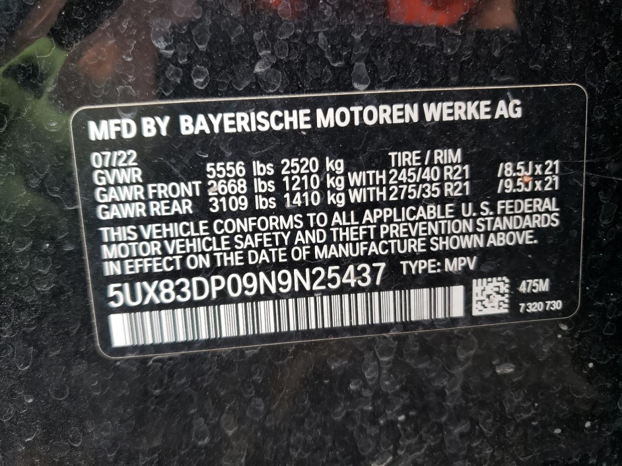 2022 BMW X3 M40I VIN:5UX83DP09N9N25437