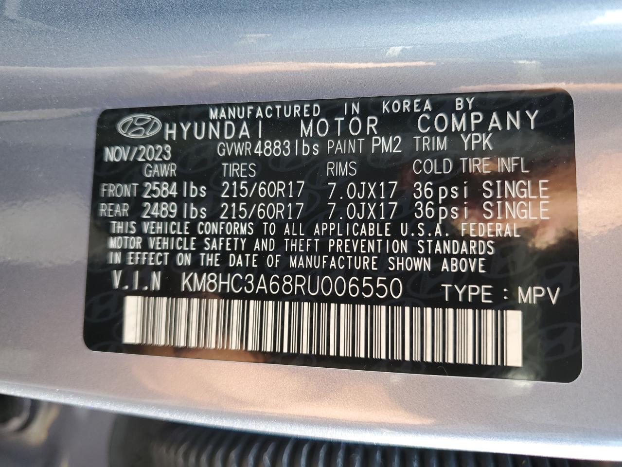 2024 HYUNDAI KONA SEL VIN:KM8HC3A68RU006550