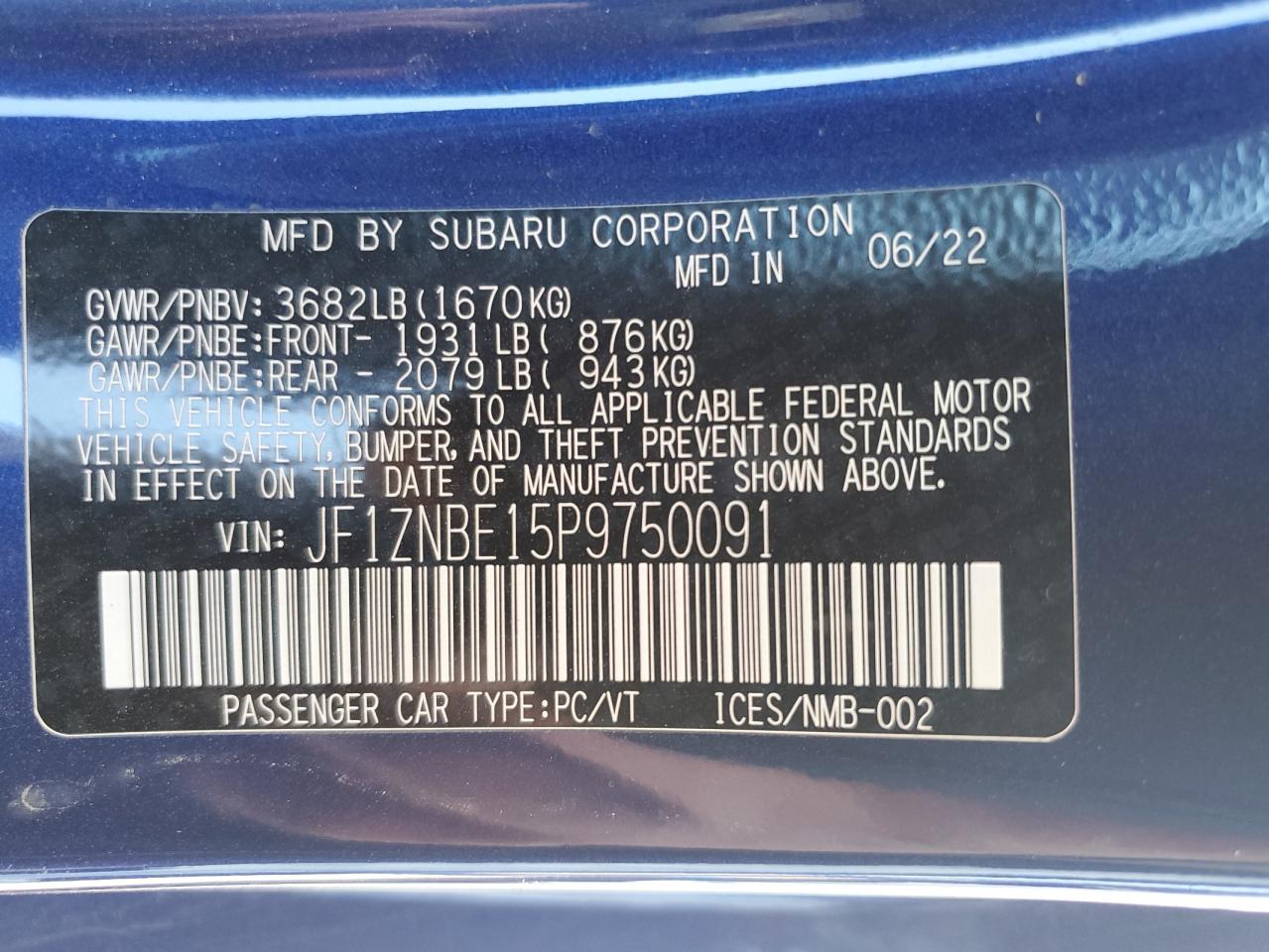 2023 TOYOTA GR 86 PREMIUM VIN:JF1ZNBE15P9750091