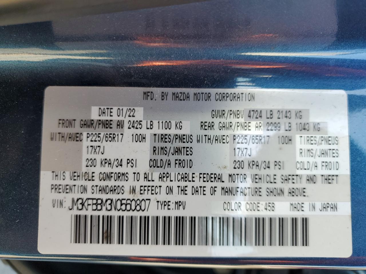 2022 MAZDA CX-5 SELECT VIN:JM3KFBBM3N0560807