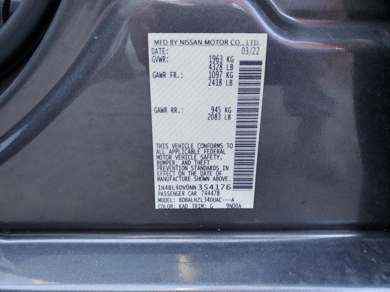 2022 NISSAN ALTIMA SV VIN:1N4BL4DV0NN354176