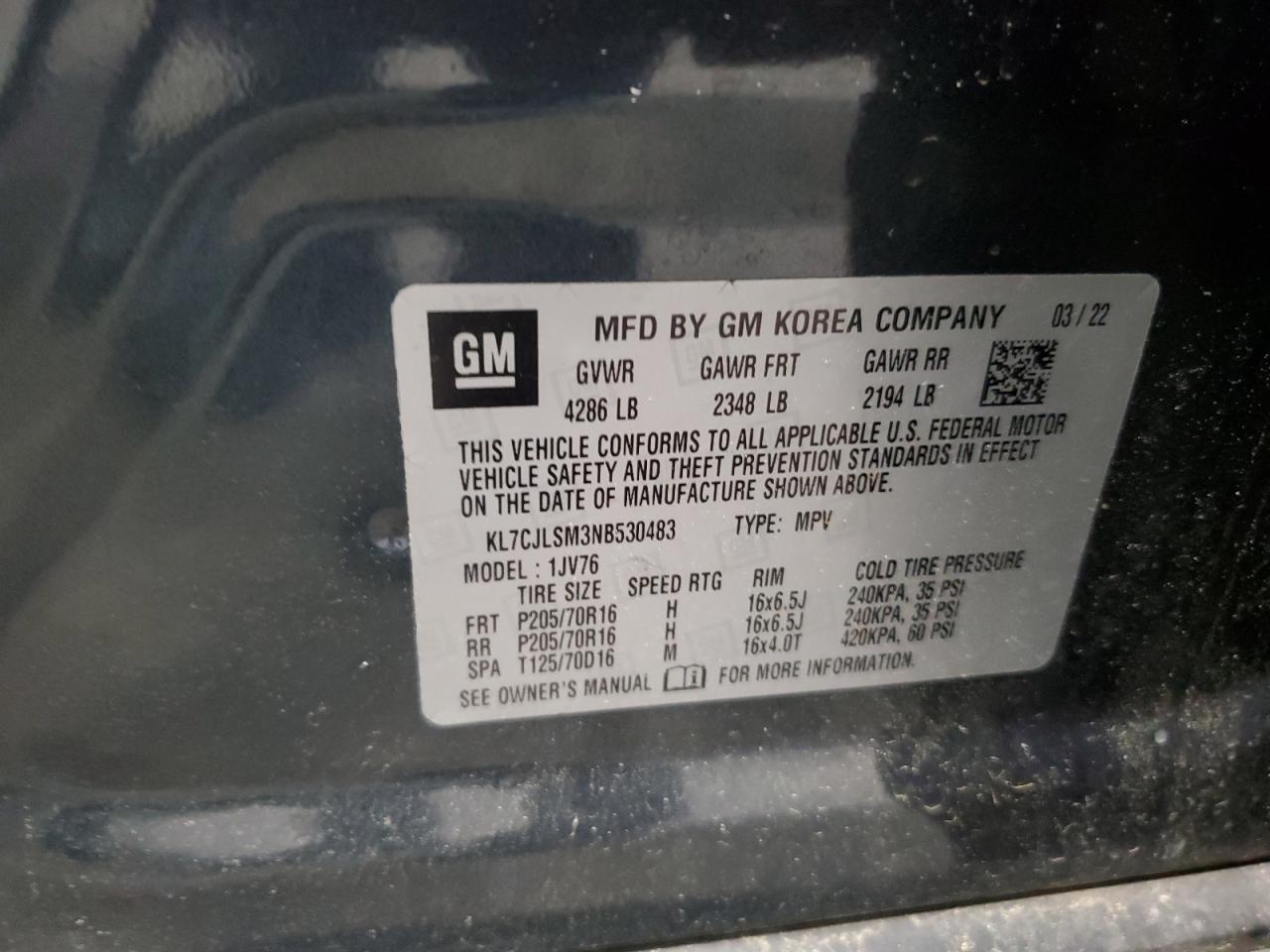 2022 CHEVROLET TRAX 1LT VIN:KL7CJLSM3NB530483