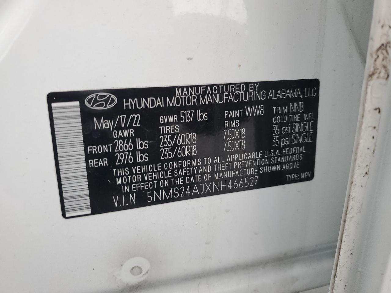 2022 HYUNDAI SANTA FE SEL VIN:5NMS24AJXNH466527