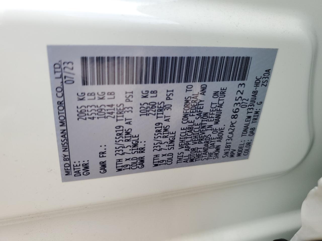 2023 NISSAN ROGUE SL VIN:5N1BT3CA2PC863523