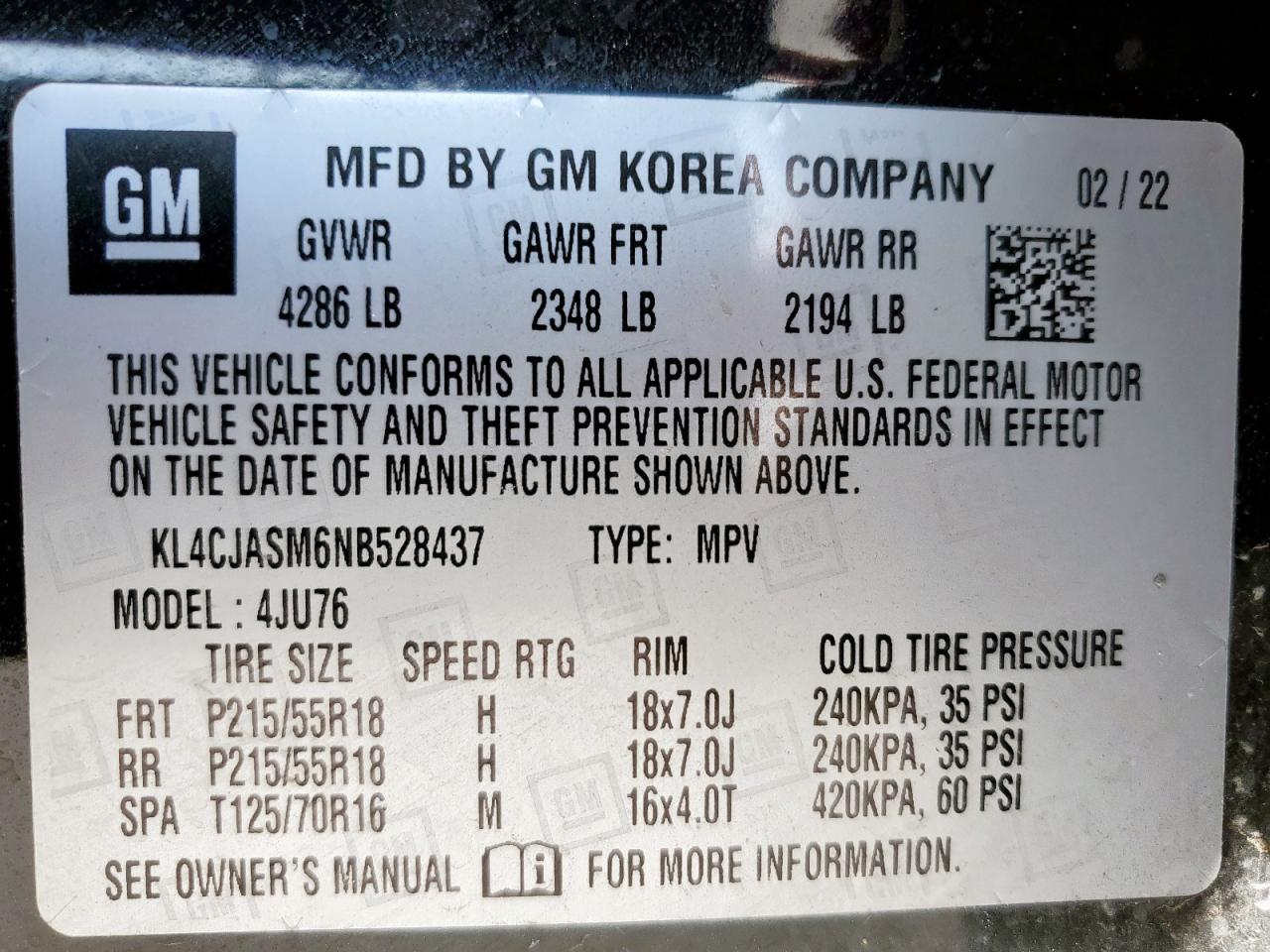 2022 BUICK ENCORE PREFERRED VIN:KL4CJASM6NB528437