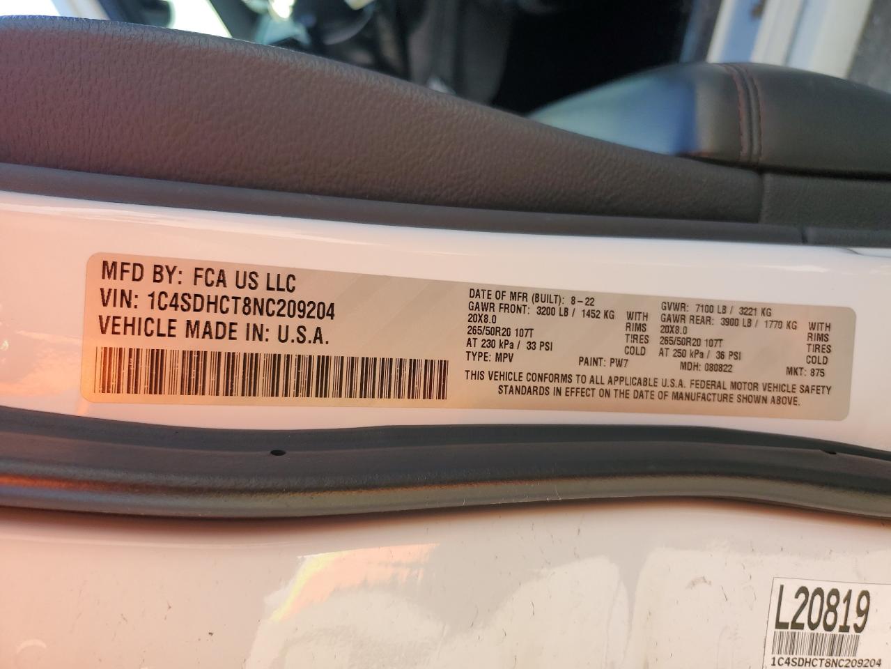 2022 DODGE DURANGO R/T VIN:1C4SDHCT8NC209204