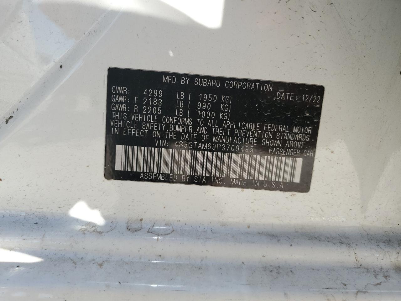 2023 SUBARU IMPREZA SPORT VIN:4S3GTAM69P3709495