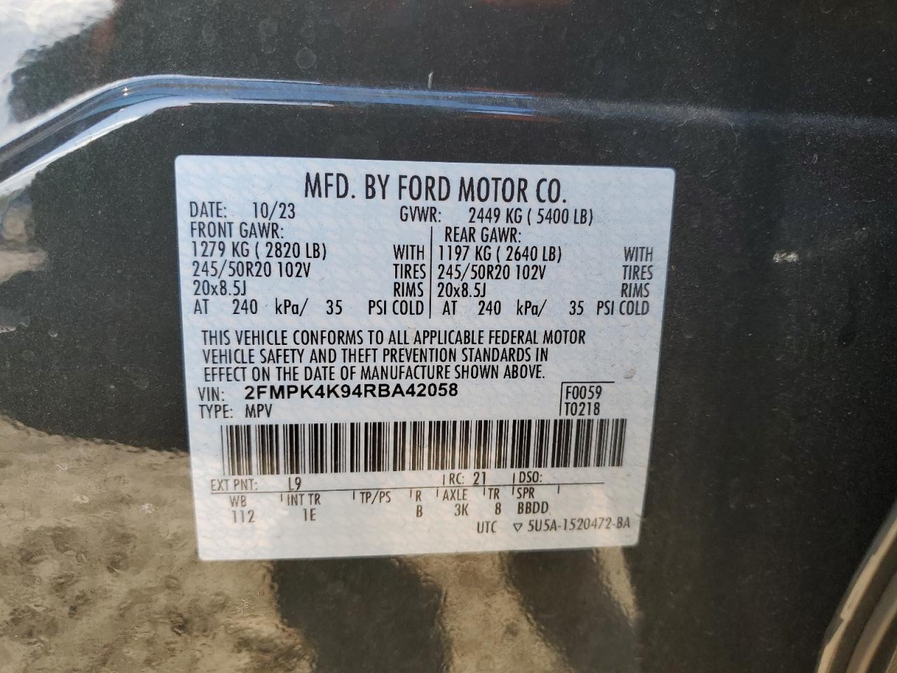 2024 FORD EDGE TITANIUM VIN:2FMPK4K94RBA42058