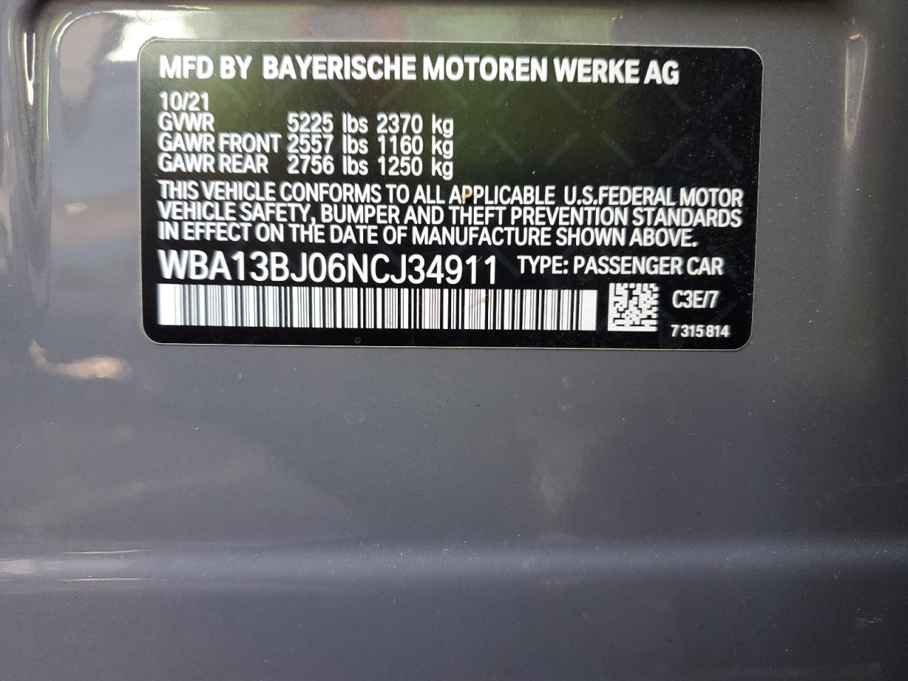 2022 BMW 530 XI VIN:WBA13BJ06NCJ34911