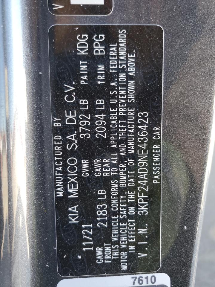 2022 KIA FORTE FE VIN:3KPF24AD9NE436423