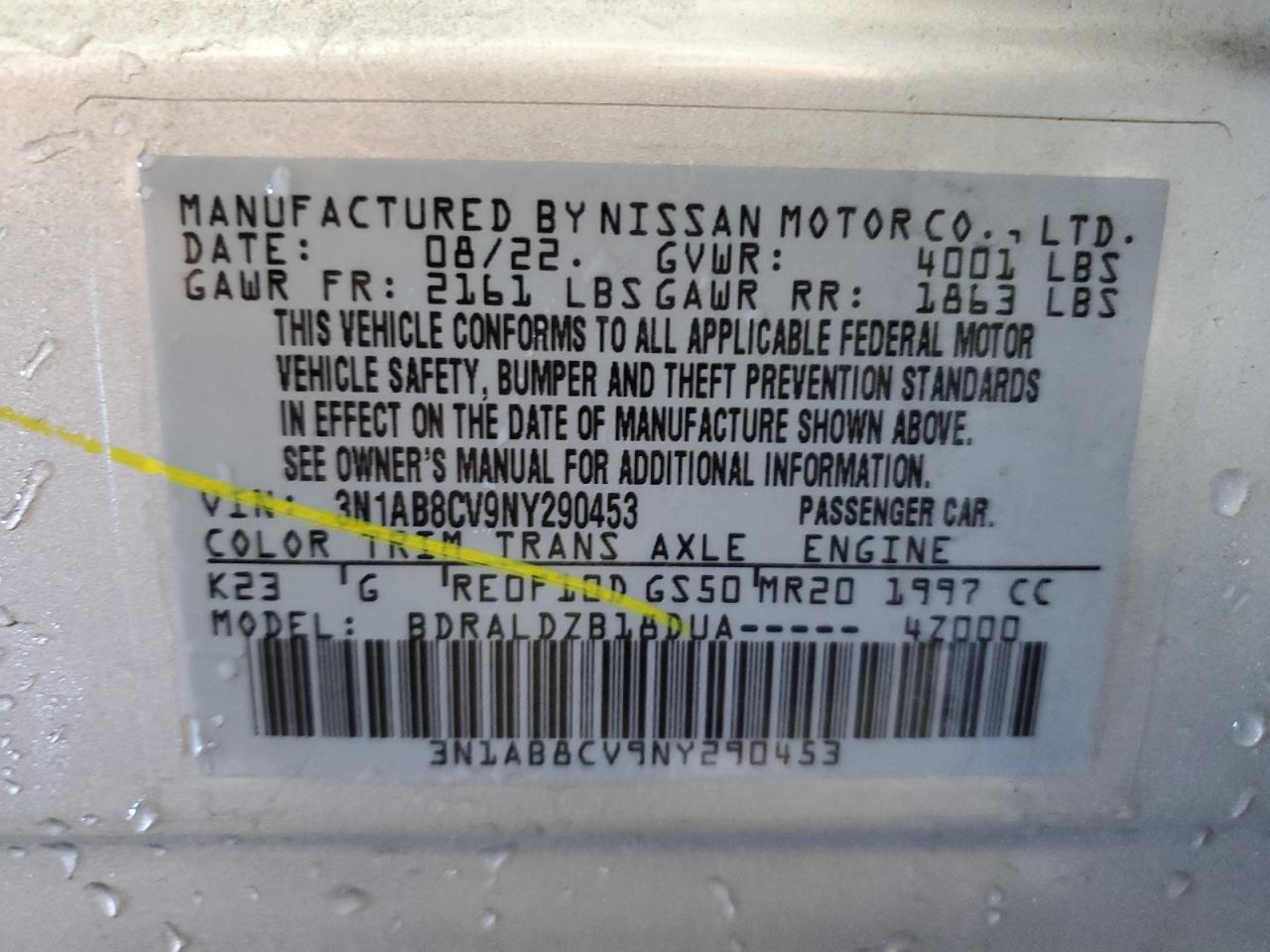 2022 NISSAN SENTRA SV VIN:3N1AB8CV9NY290453