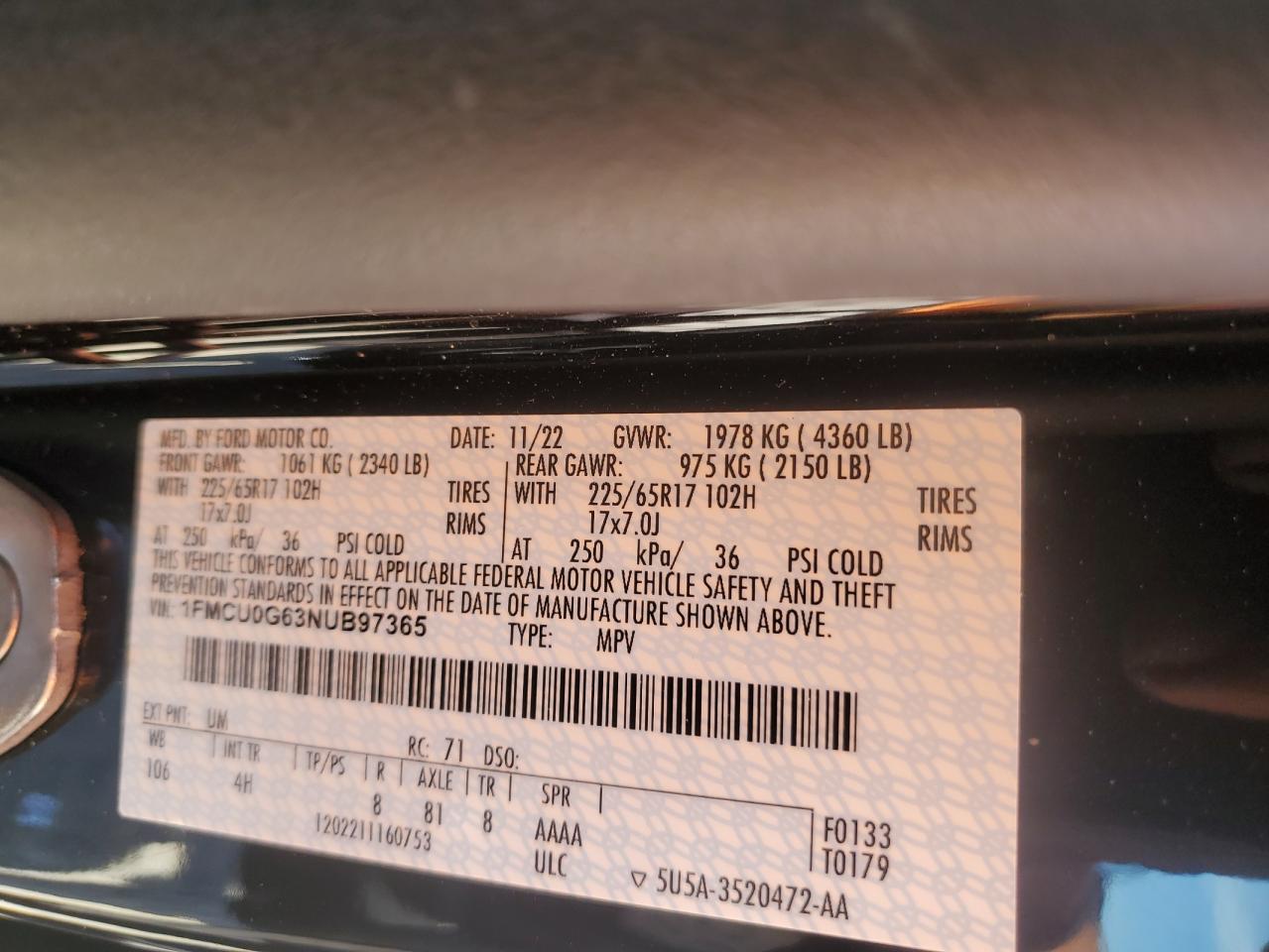 2022 FORD ESCAPE SE VIN:1FMCU0G63NUB97365