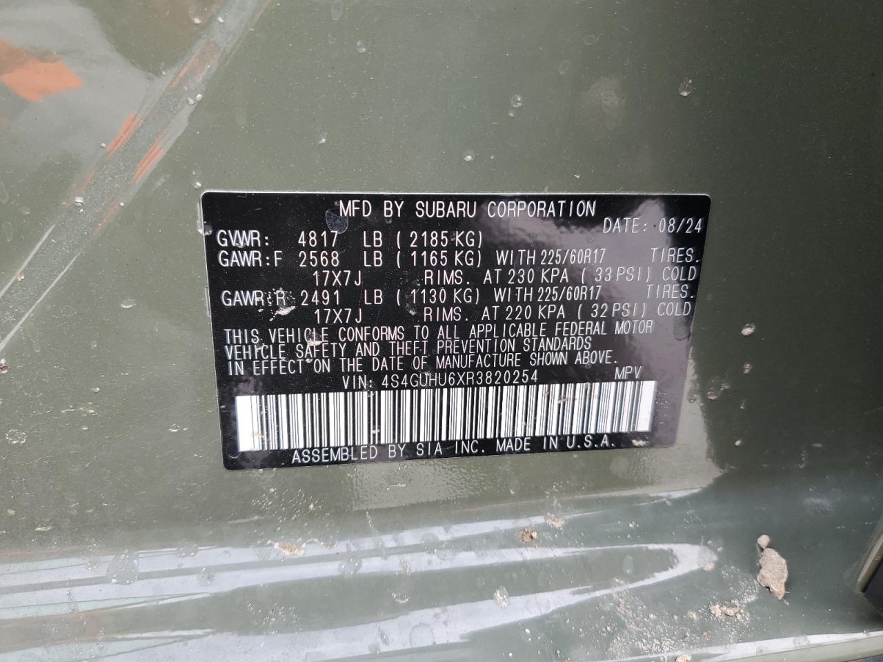 2024 SUBARU CROSSTREK WILDERNESS VIN:4S4GUHU6XR3820254