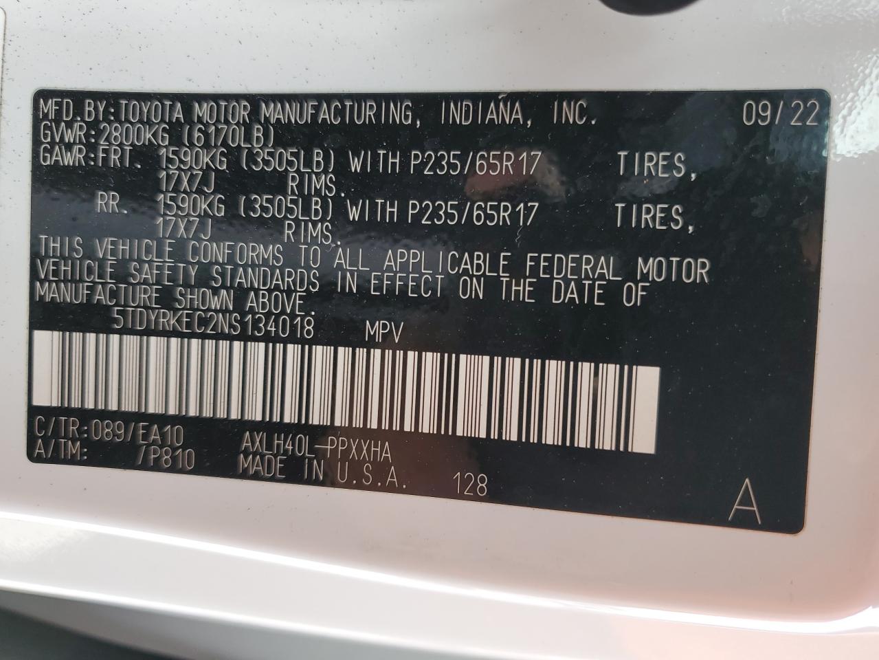 2022 TOYOTA SIENNA XLE VIN:5TDYRKEC2NS134018