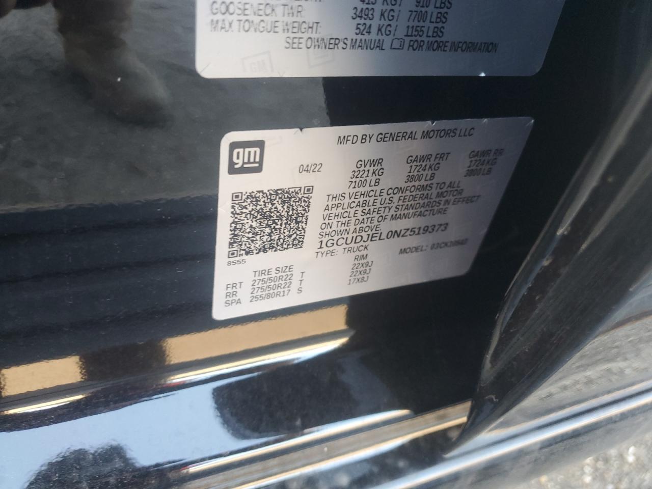 2022 CHEVROLET SILVERADO K1500 HIGH COUNTRY VIN:1GCUDJEL0NZ519373