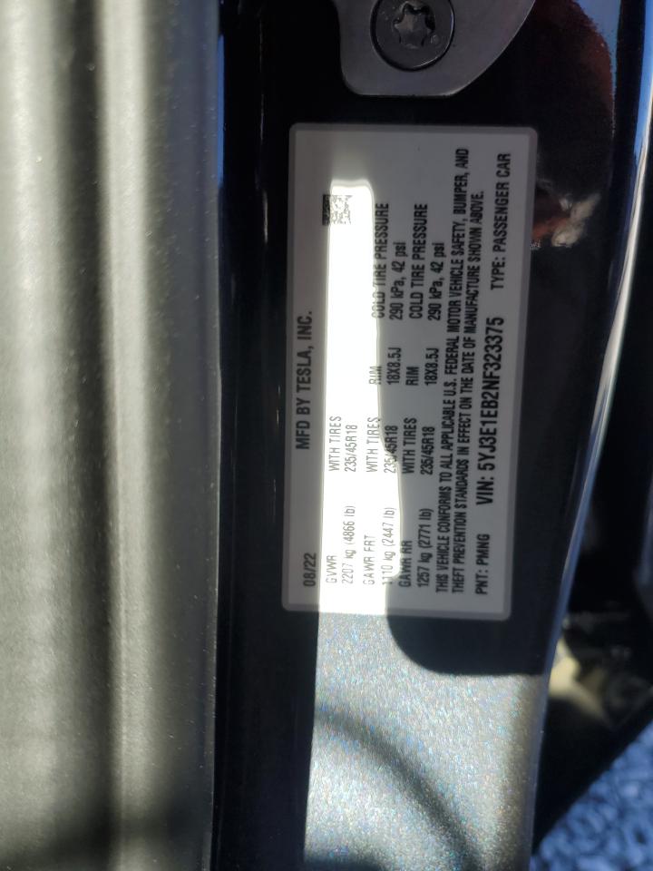 2022 TESLA MODEL 3  VIN:5YJ3E1EB2NF323375