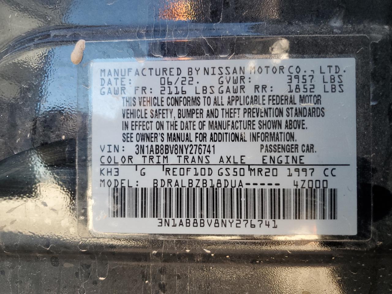 2022 NISSAN SENTRA S VIN:3N1AB8BV8NY276741