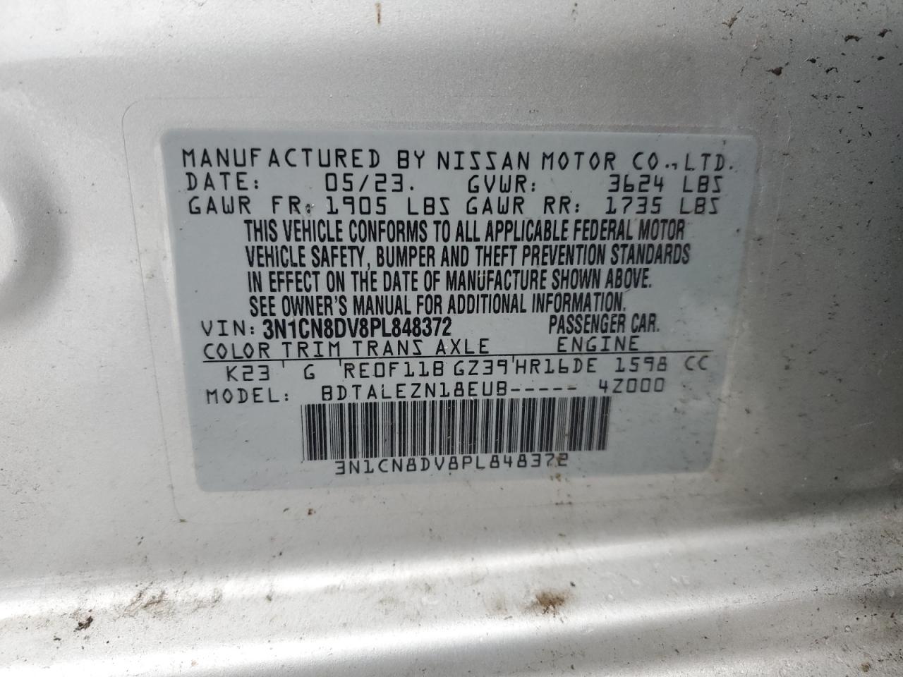 2023 NISSAN VERSA S VIN:3N1CN8DV8PL848372