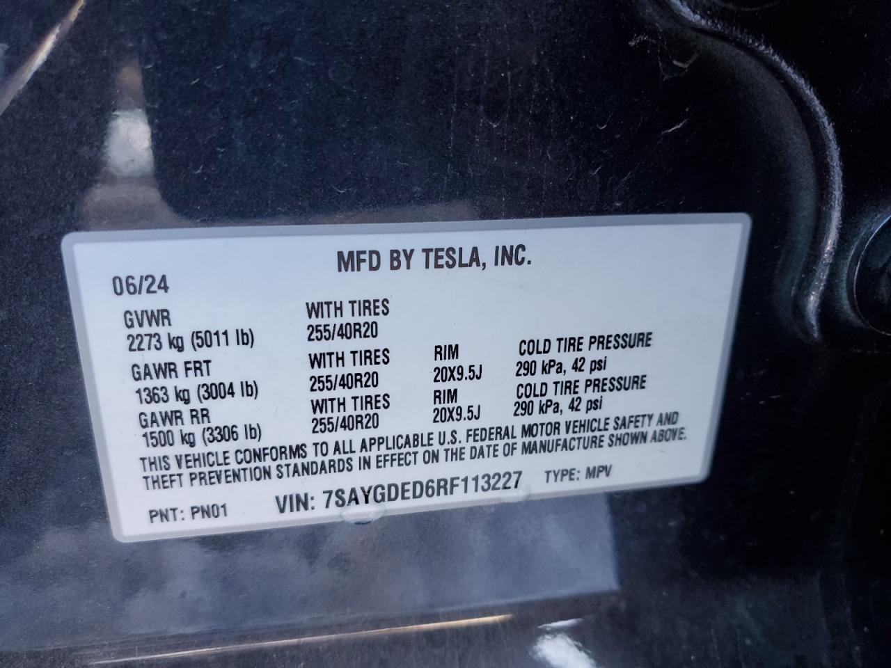 2024 TESLA MODEL Y  VIN:7SAYGDED6RF113227