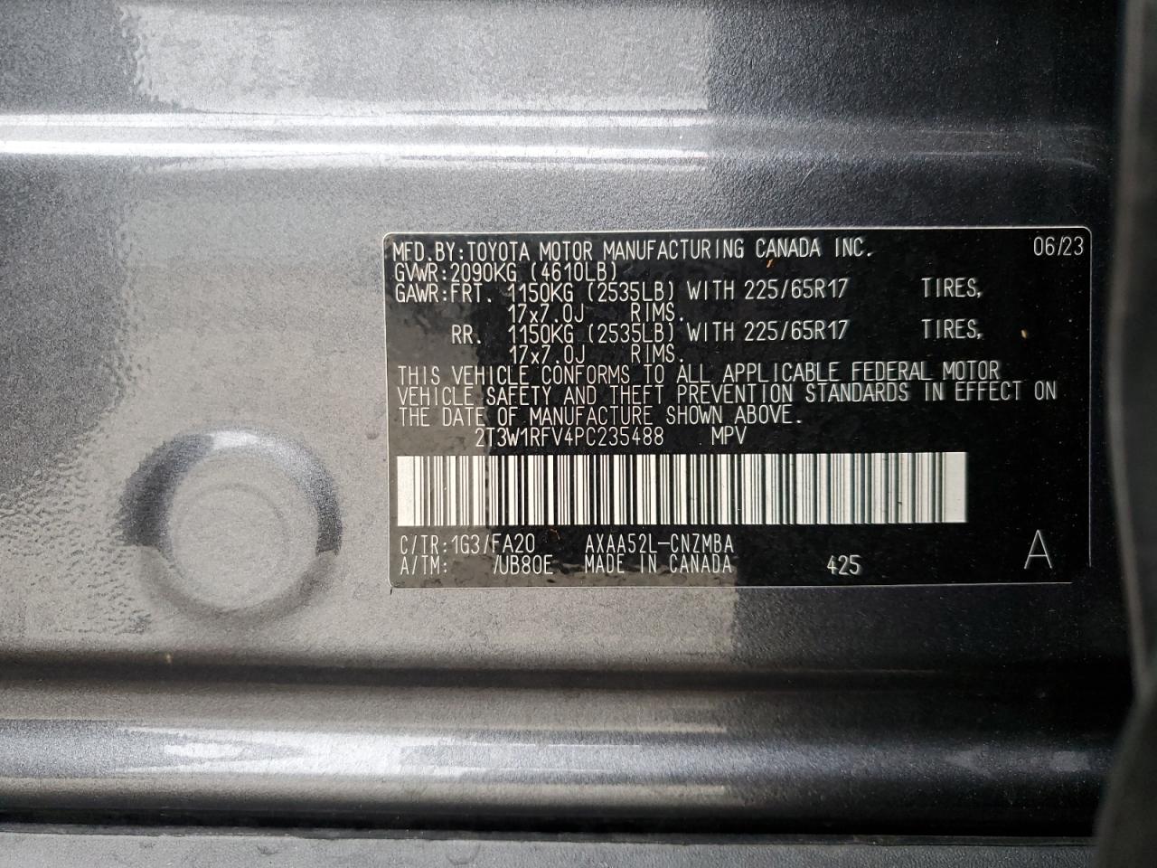 2023 TOYOTA RAV4 XLE VIN:2T3W1RFV4PC235488