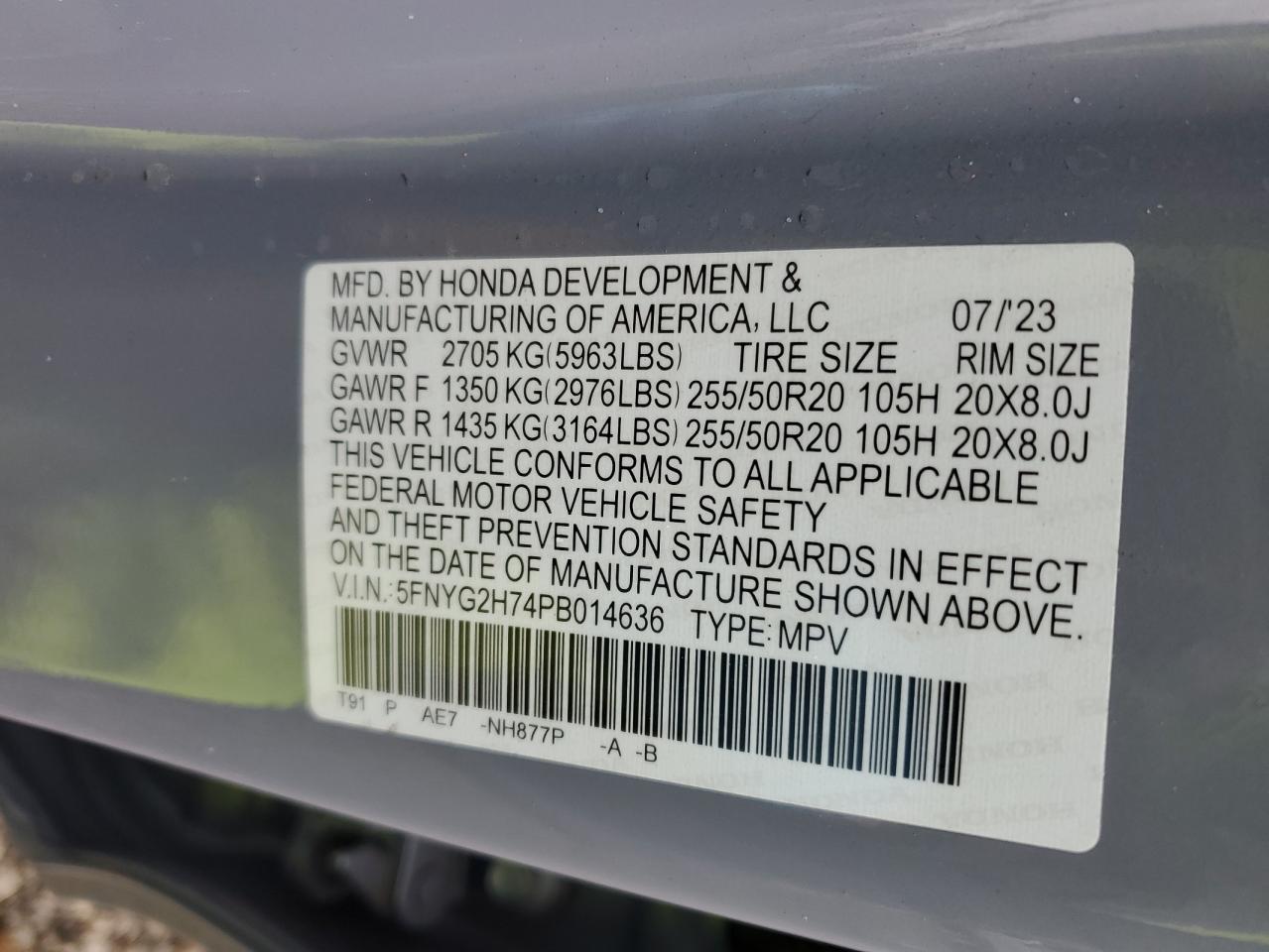 2023 HONDA PILOT TOURING VIN:5FNYG2H74PB014636