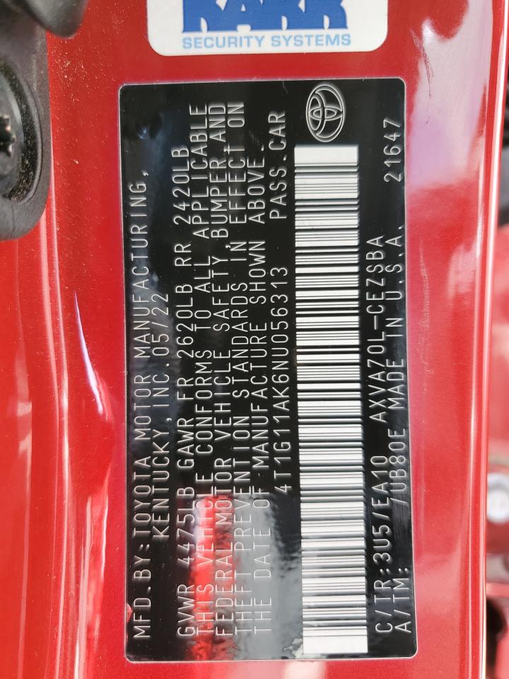 2022 TOYOTA CAMRY SE VIN:4T1G11AK6NU056313