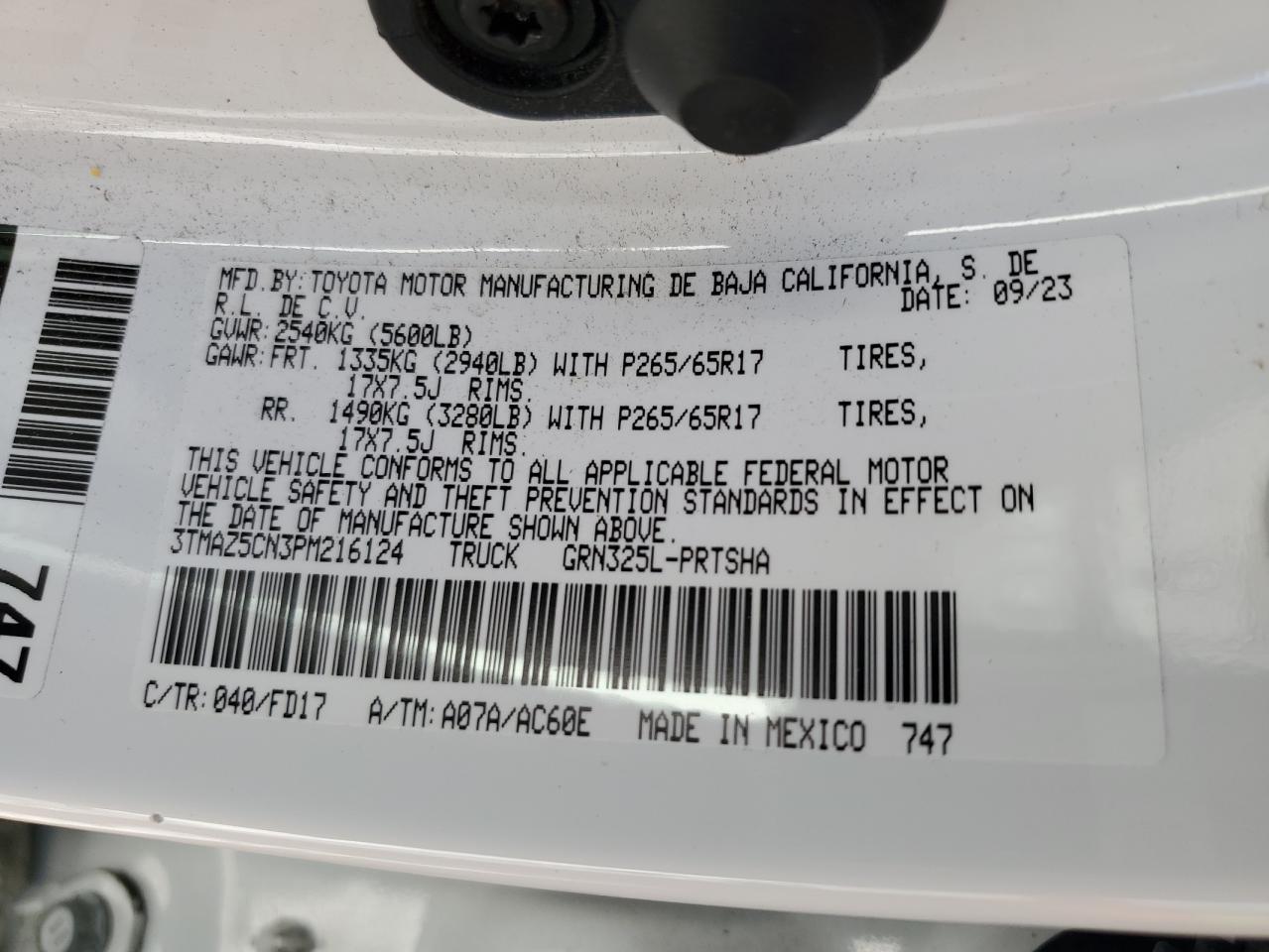 2023 TOYOTA TACOMA DOUBLE CAB VIN:3TMAZ5CN3PM216124