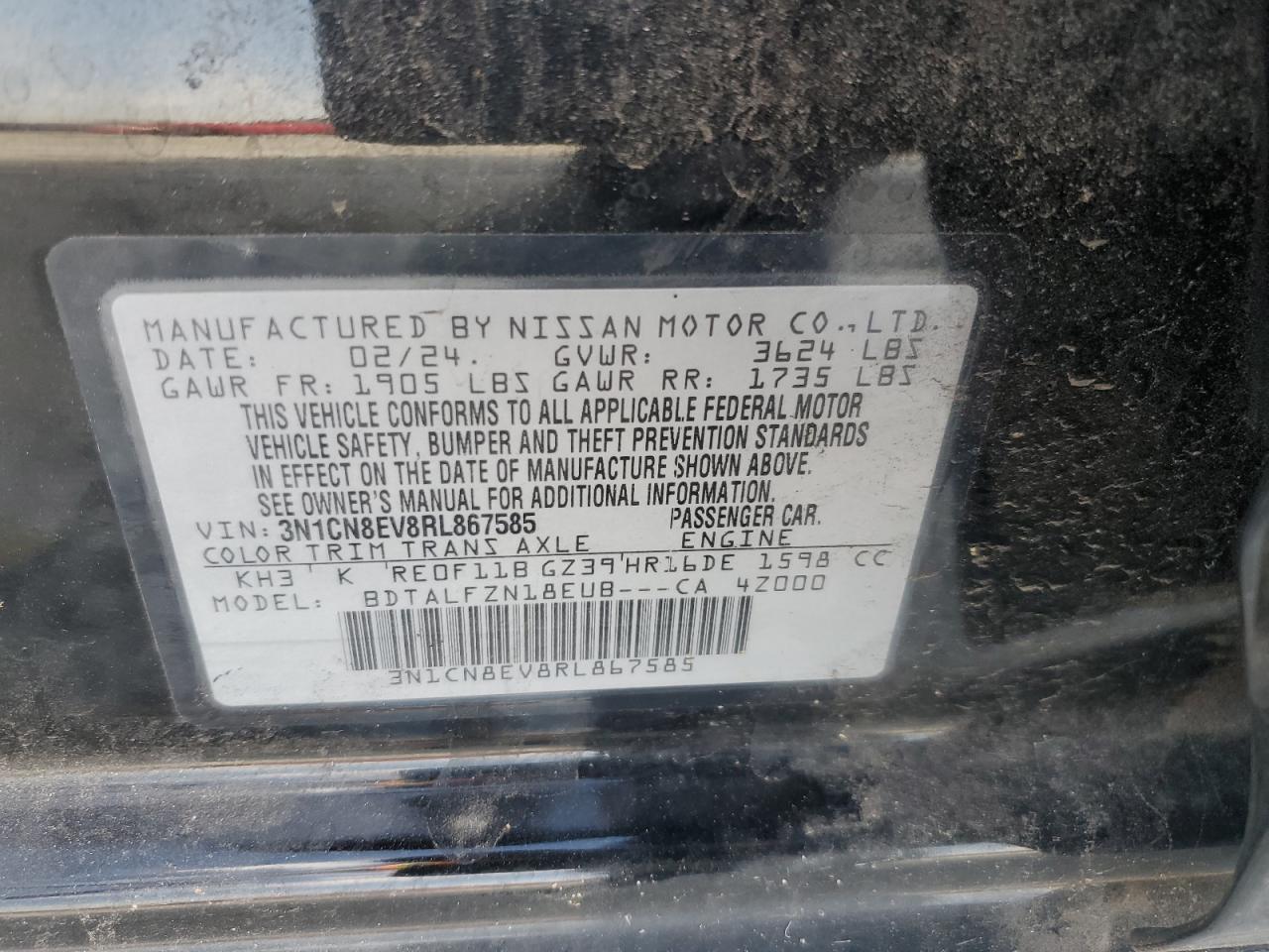 2024 NISSAN VERSA SV VIN:3N1CN8EV8RL867585