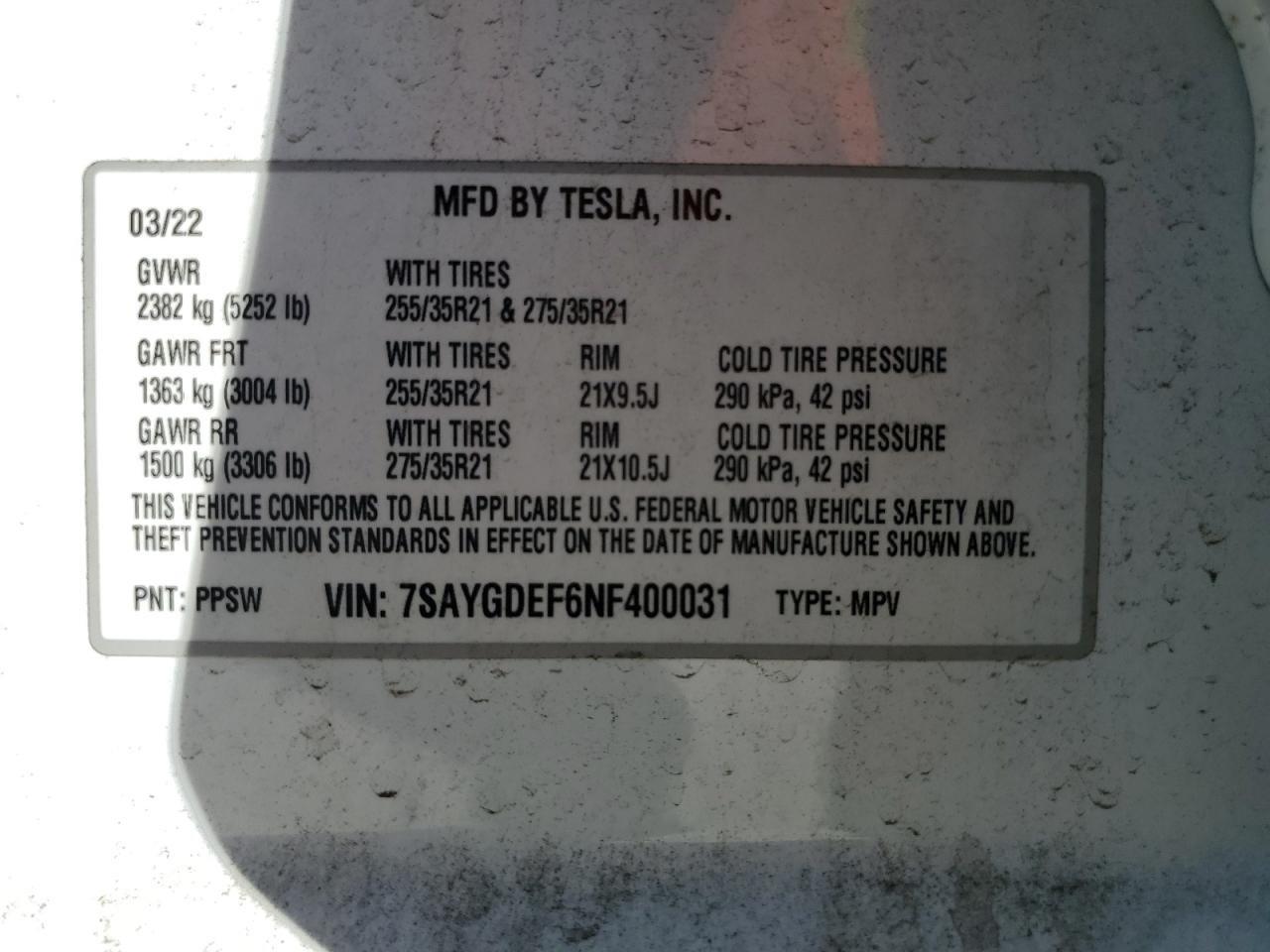2022 TESLA MODEL Y  VIN:7SAYGDEF6NF400031