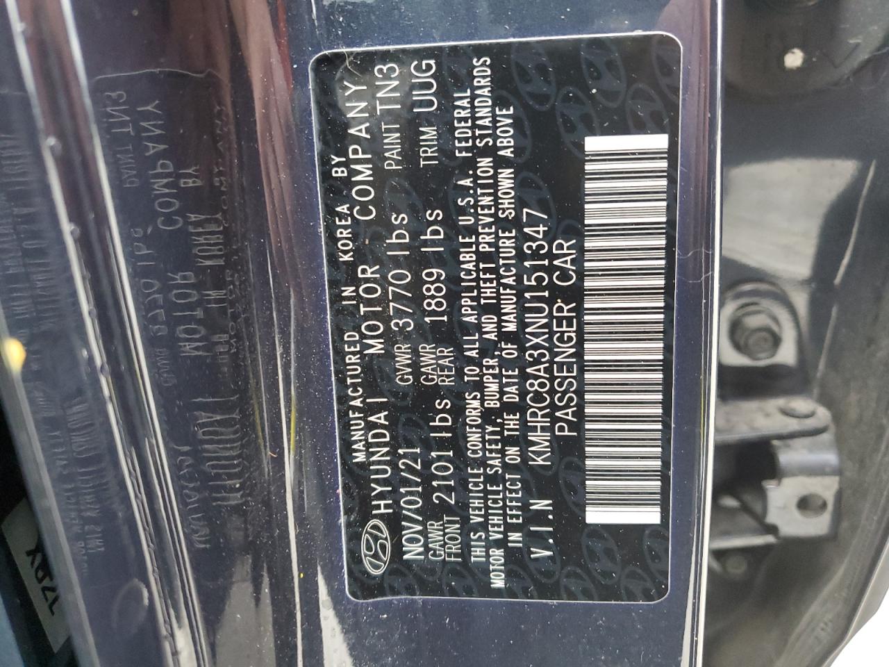 2022 HYUNDAI VENUE SEL VIN:KMHRC8A3XNU151347