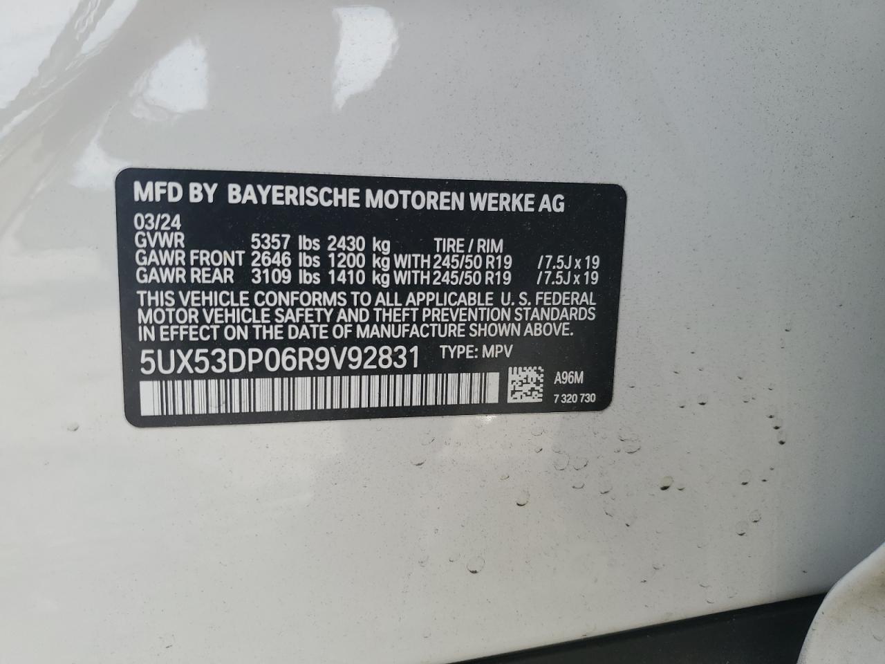 2024 BMW X3 XDRIVE30I VIN:5UX53DP06R9V92831