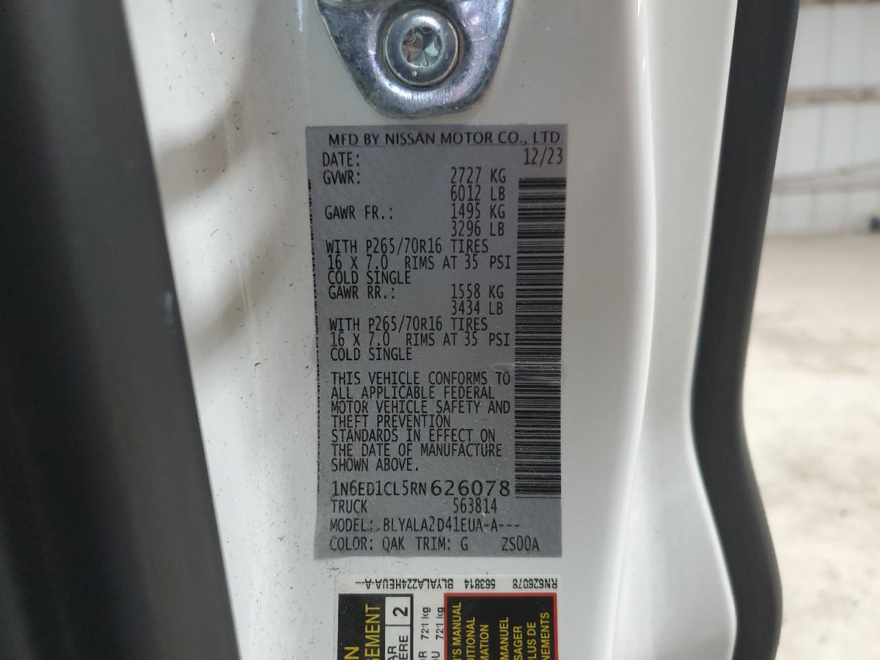 2024 NISSAN FRONTIER S VIN:1N6ED1CL5RN626078