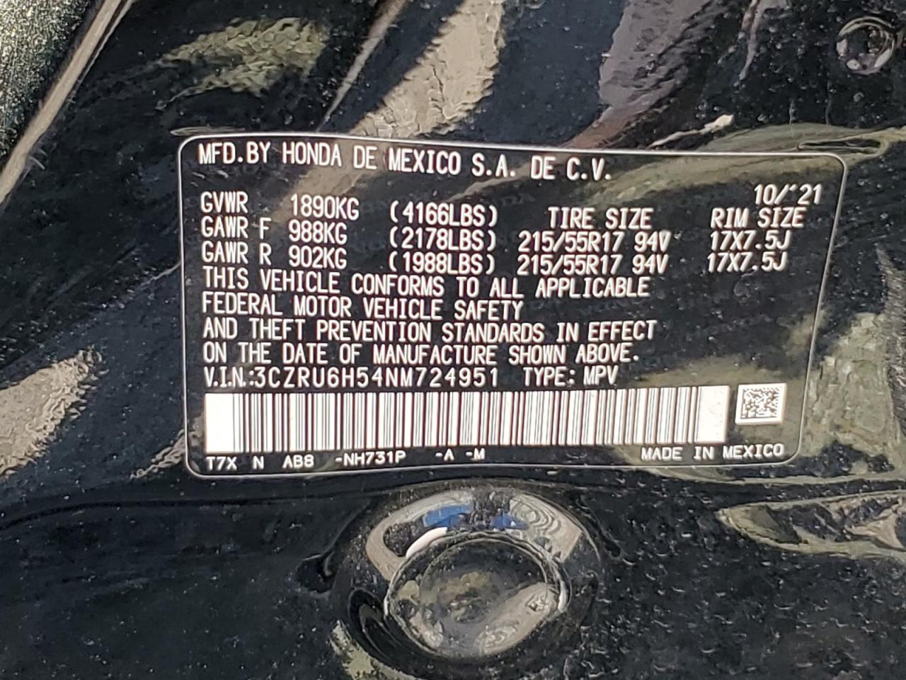 2022 HONDA HR-V EX VIN:3CZRU6H54NM724951