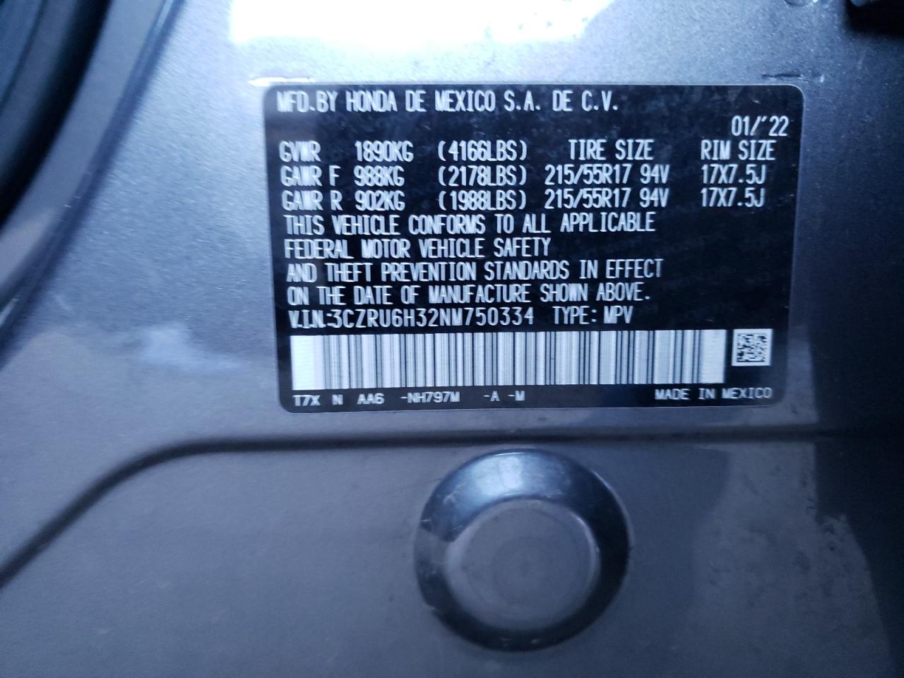 2022 HONDA HR-V LX VIN:3CZRU6H32NM750334
