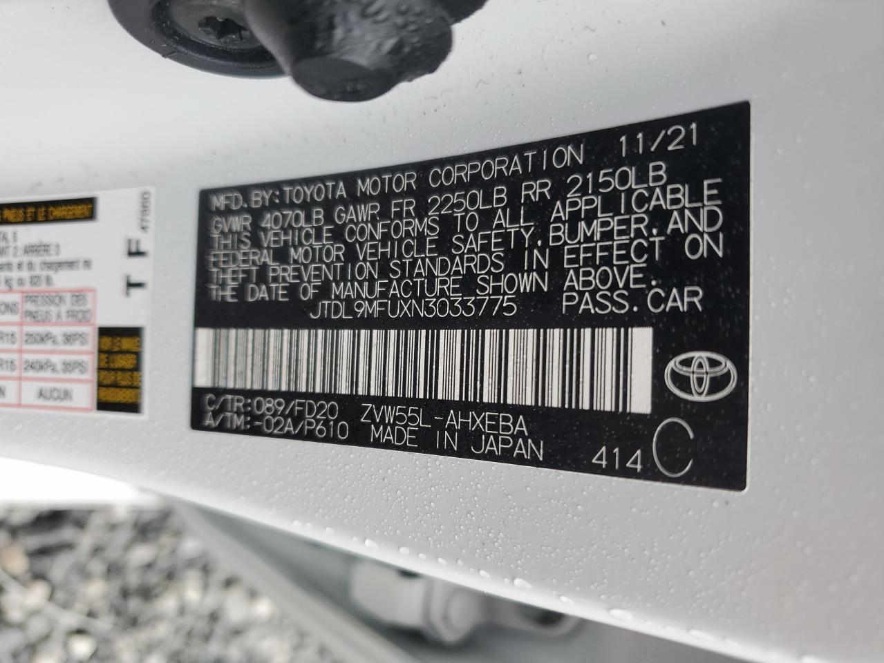 2022 TOYOTA PRIUS LE VIN:JTDL9MFUXN3033775